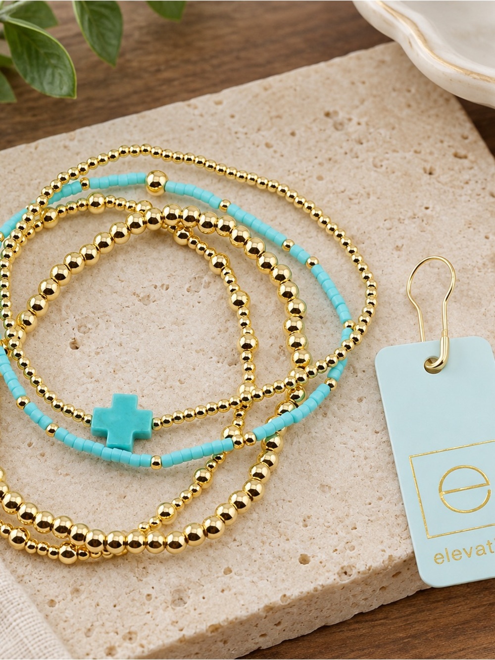 Enewton Gold and Turquoise Beaded Cross Bracelet Stack